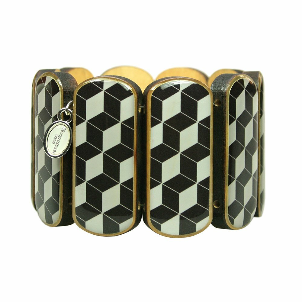 Statement wooden bracelet Harlequin black white