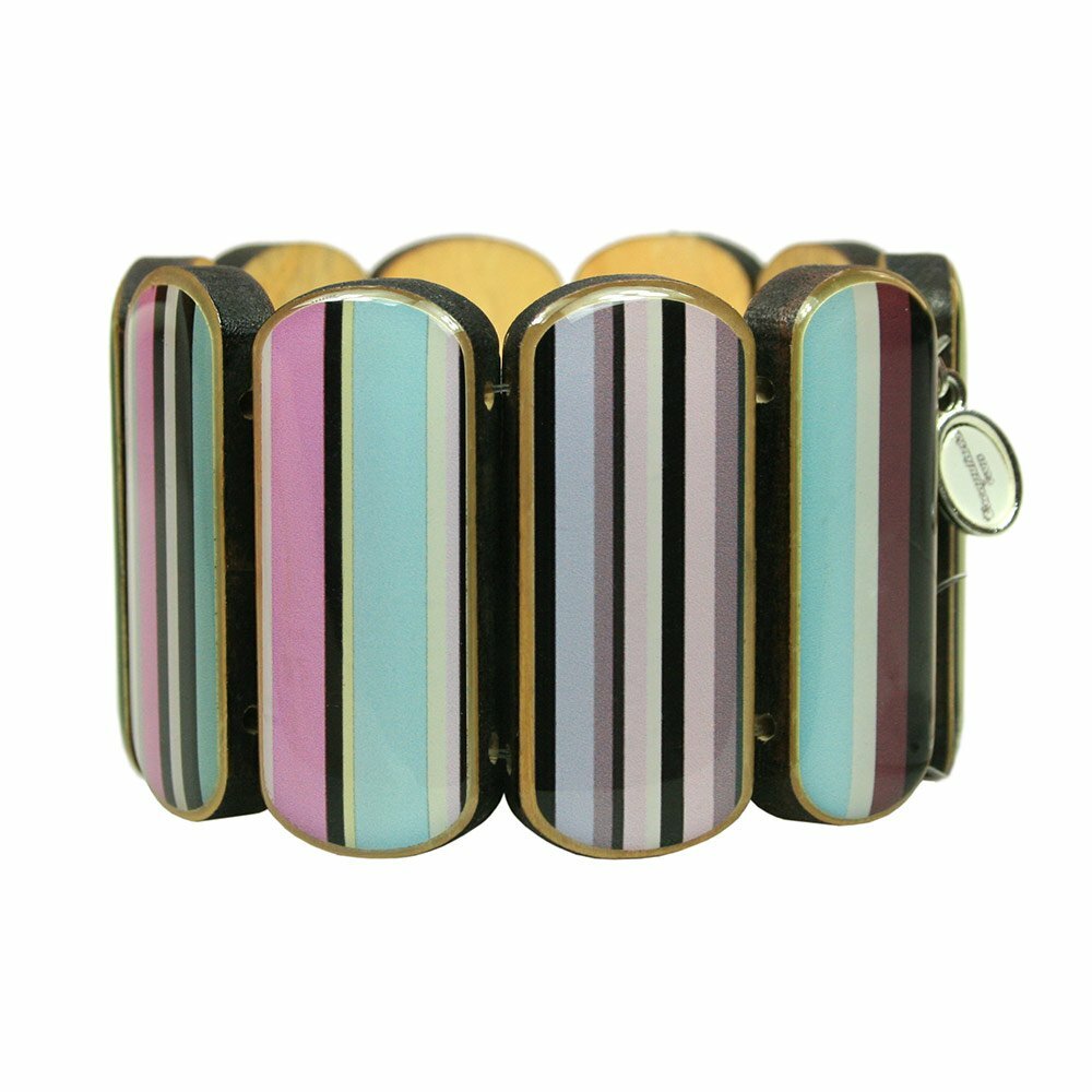 Statement wooden bracelet striped pattern pink blue