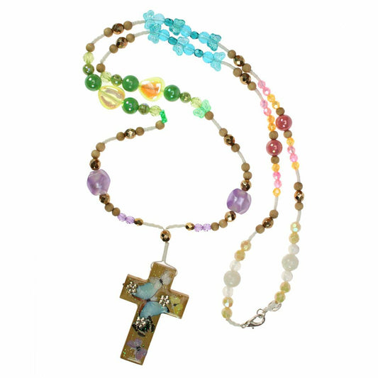 Rosenkranzkette bunt mit Holzkreuz hell "Schmetterlinge"