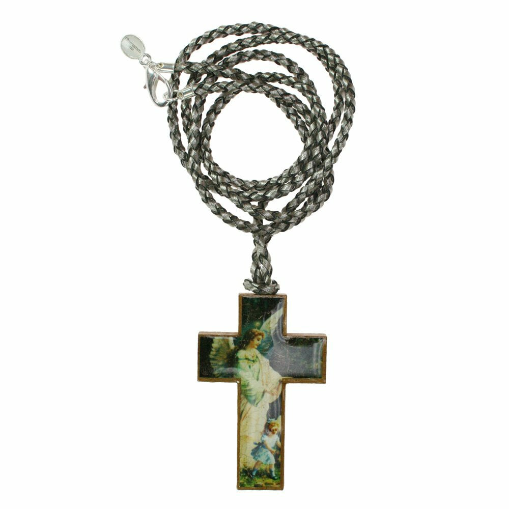 Lederkette mit Holzkreuz "Engel" Grau