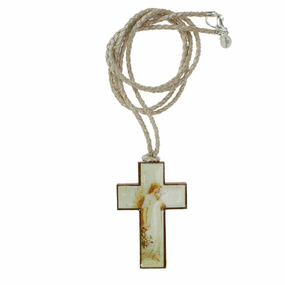 Leather necklace with wooden cross "Angel" beige