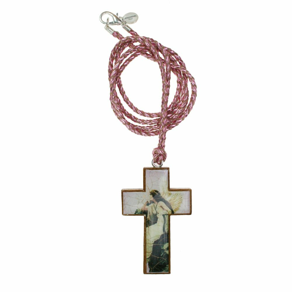 Leather necklace with wooden cross "Angel" pink