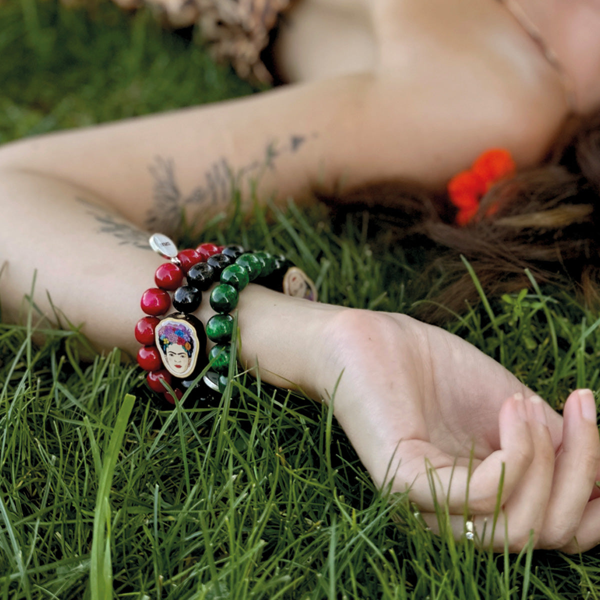 Frida Kahlo Wooden Bead Bracelet Green