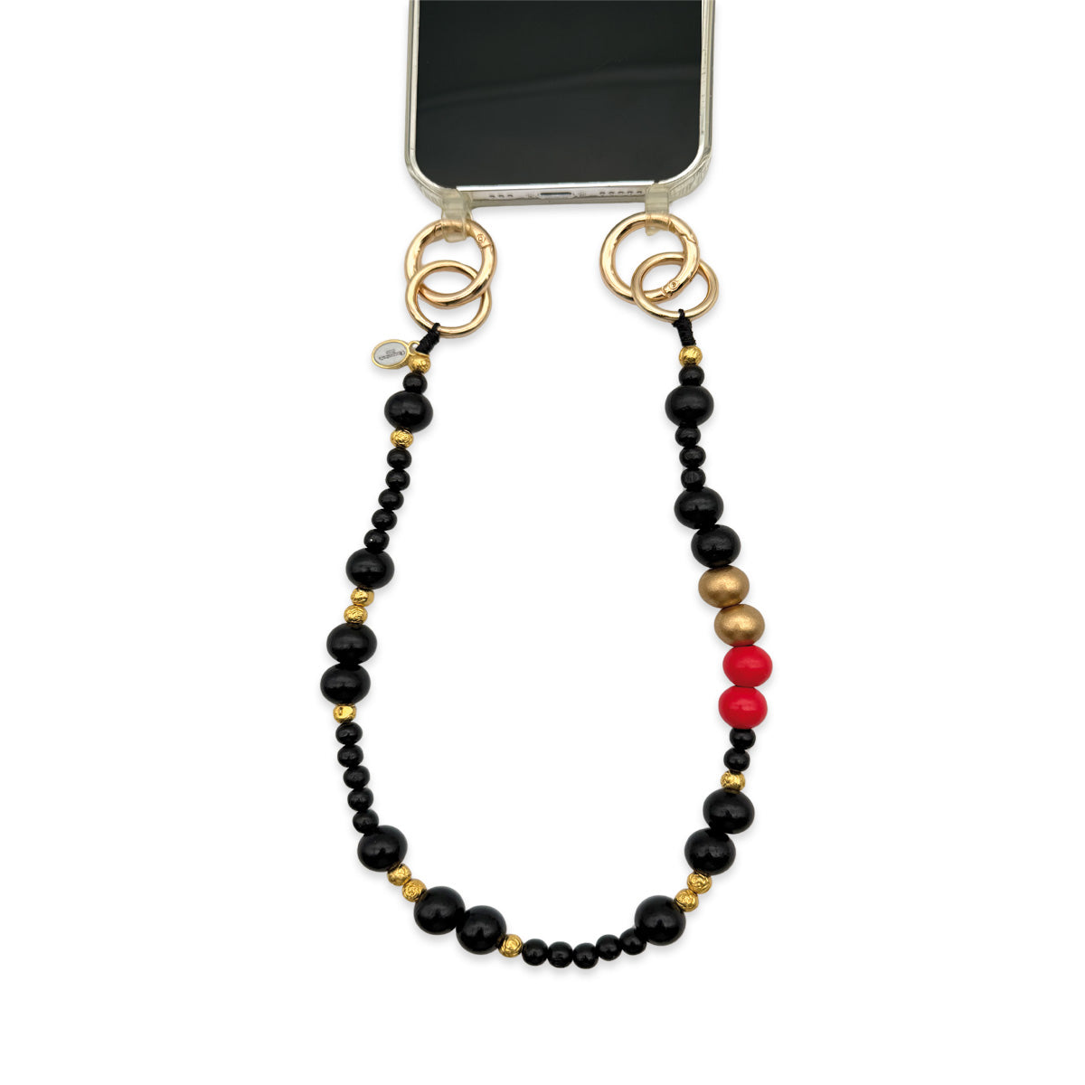 Kurze Handykette aus Holzperlen in Schwarz Rot Gold mit goldenen Perlen und Deutschland Farben für Frauen