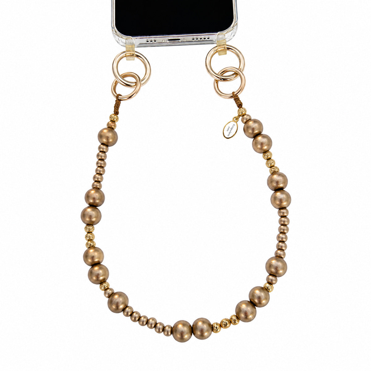 Short mobile phone chain made of wooden beads in gold
