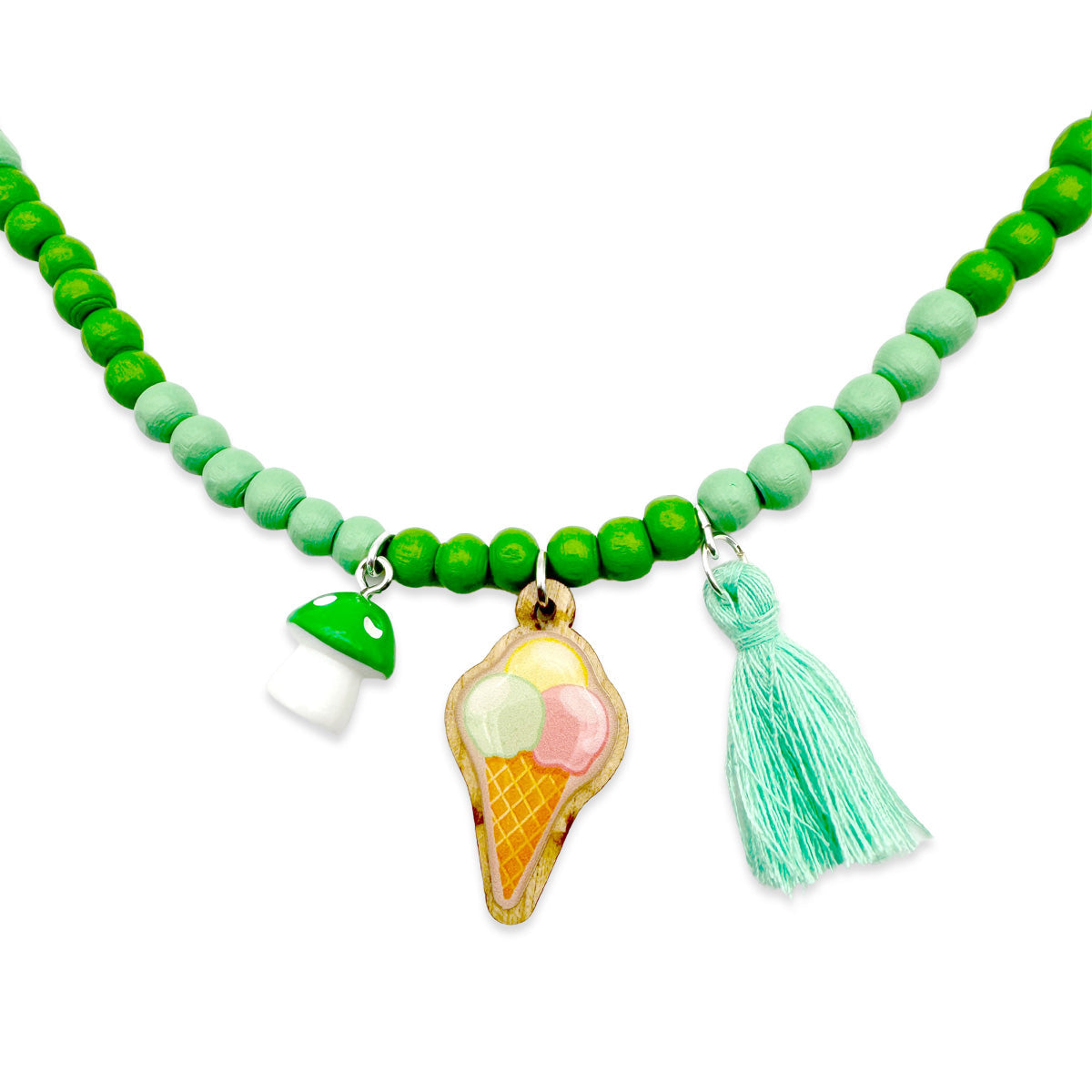 Holzkette 6mm in Apfel-Mint mit Pin, Quaste & Pilz
