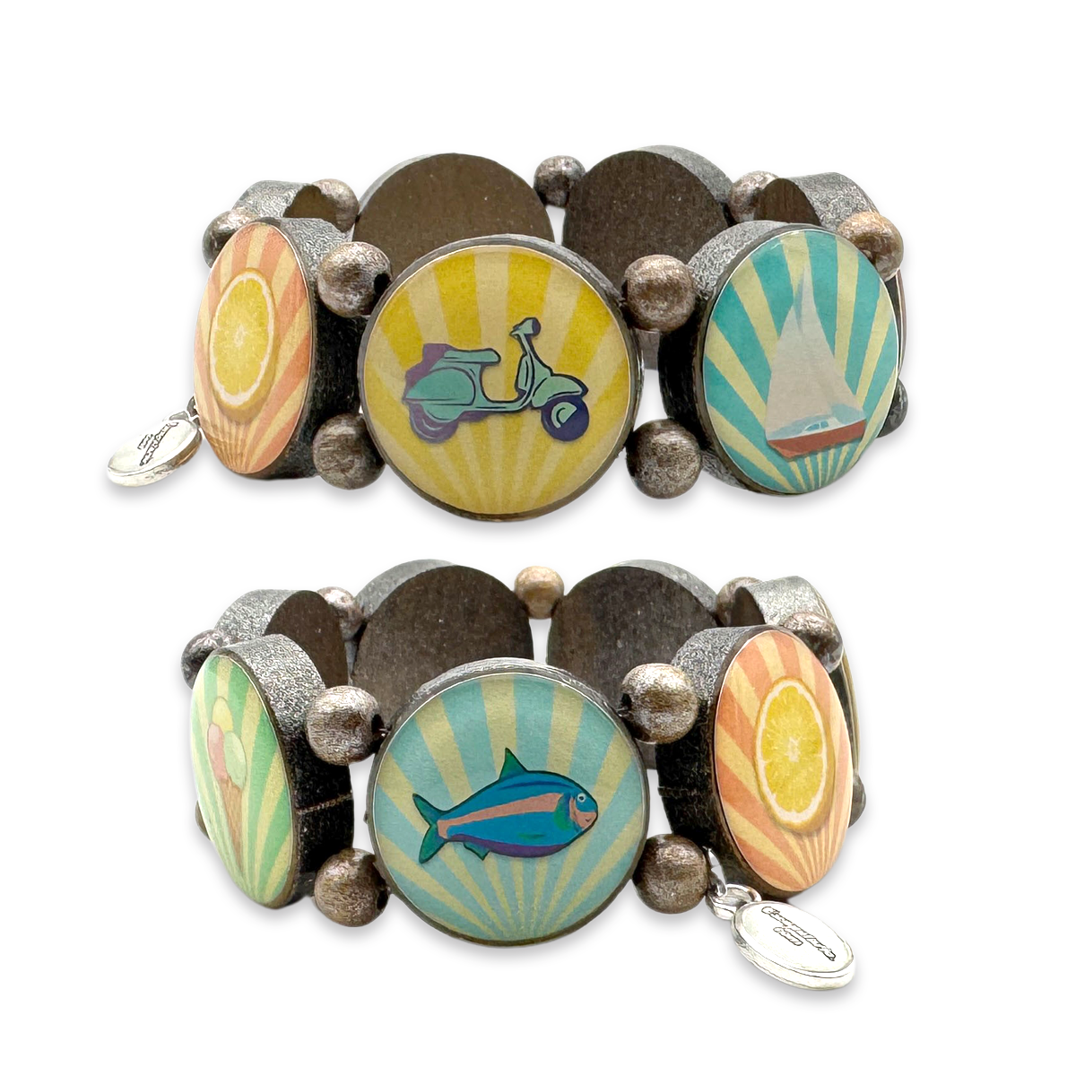 Wooden Bracelet Round Stripe with 7 Beach Motifs