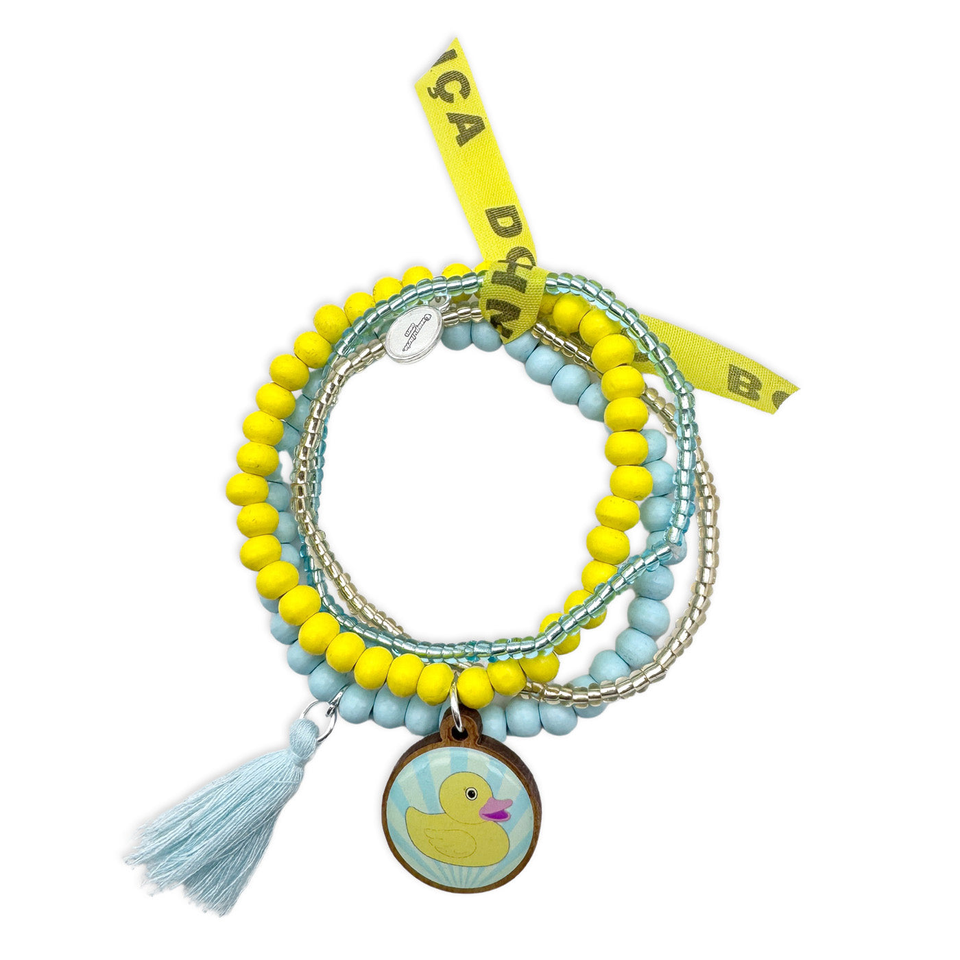 Escapulario Armbandset mit Entenpin in sommerlichen Gelb- und Blautönen – bunter Armschmuck für Frauen, der deinen Look aufwertet.