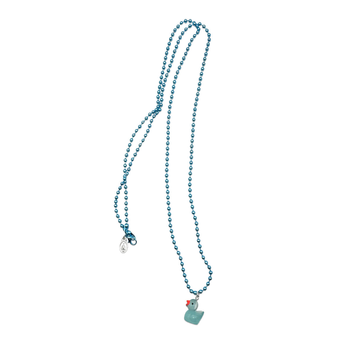 Escapulario Halskette für Damen als Metallic Kugelkette in Jeansblau mit fluoreszierendem Entenanhänger in Blau.