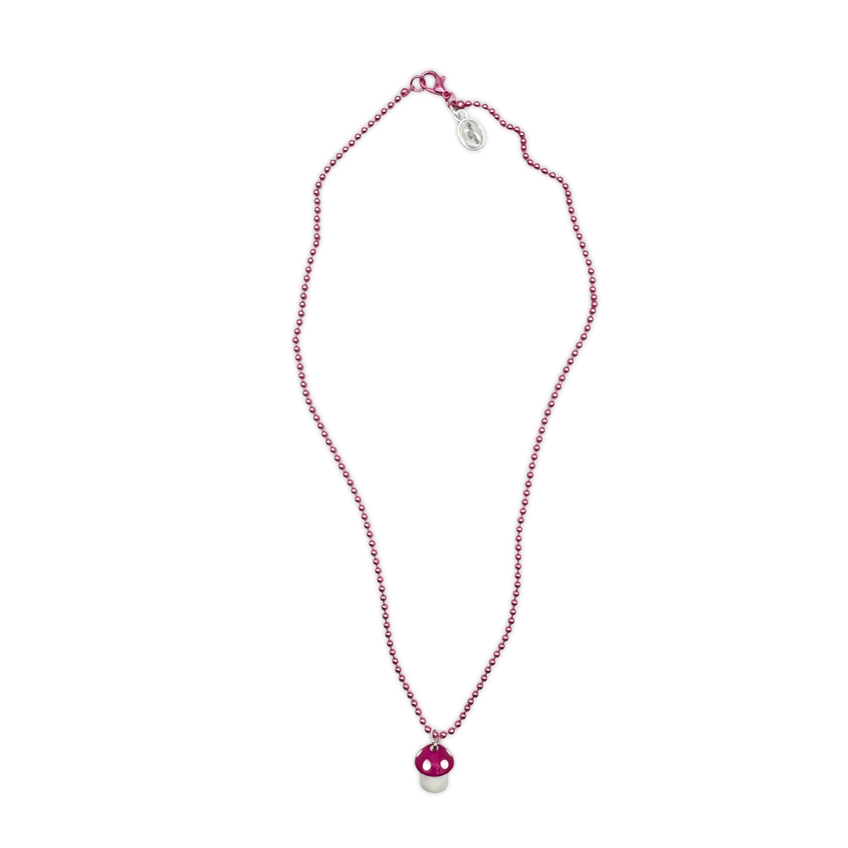 Escapulario Halskette für Damen als Metallic Kugelkette in Pink mit Kunststoff-Pilzanhänger.