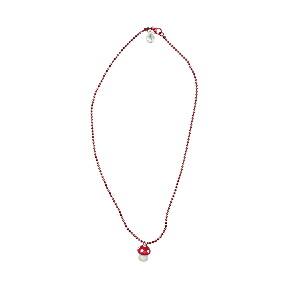 Escapulario Halskette für Damen als rote Metallic Kugelkette mit Pilzanhänger.