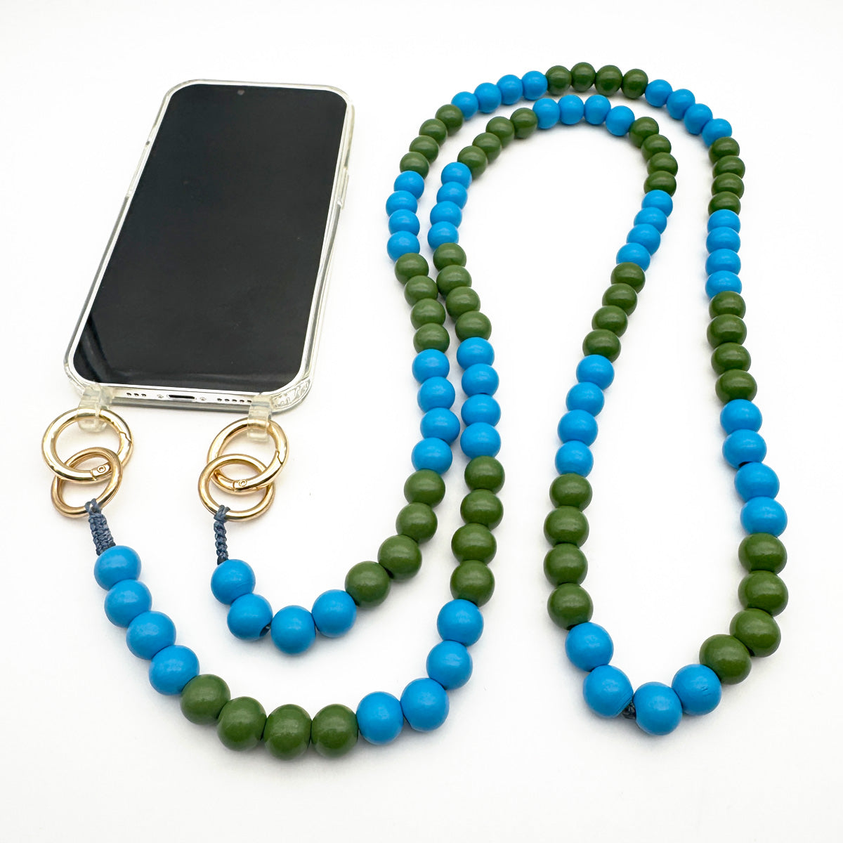 Escapulario Handykette aus Holzperlen in Bambus-Jeans Farbkombination, klassische Smartphonekette im natürlichen Look.