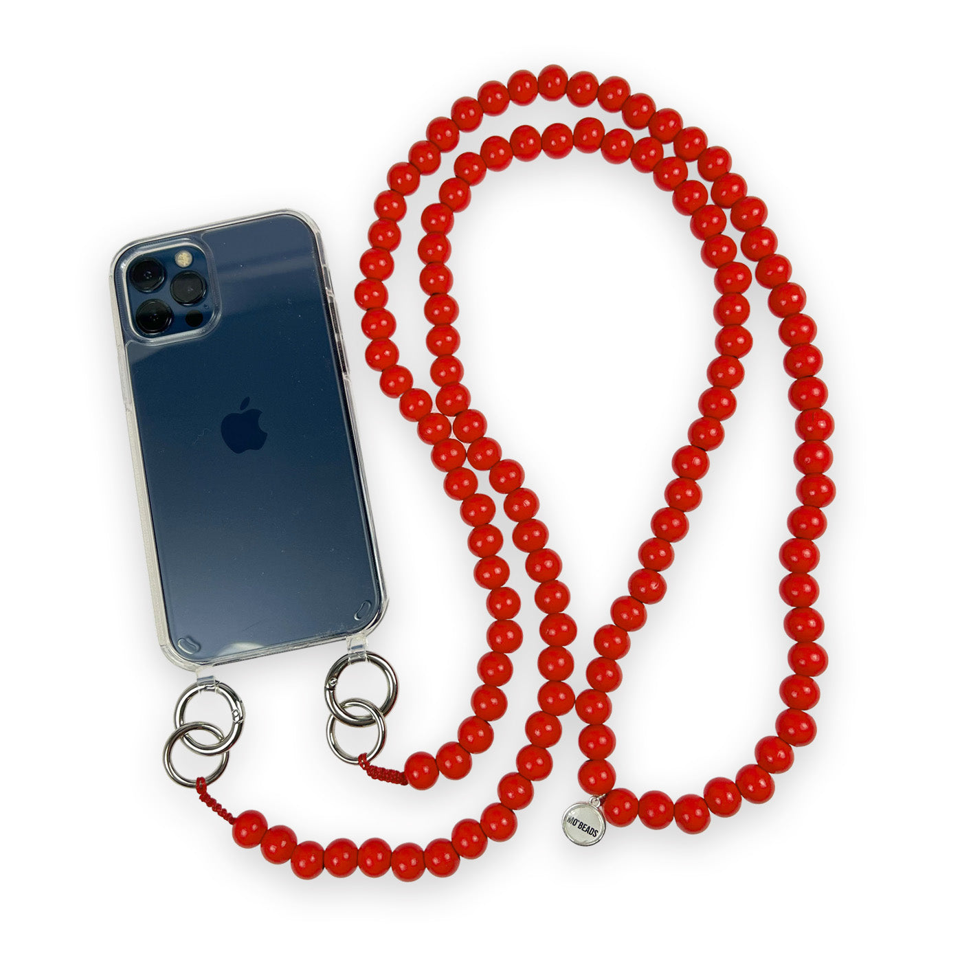 Escapulario Handykette in Koralle mit Perlenkette und Metallkarabinern als frisches Smartphone-Accessoire für Frauen.