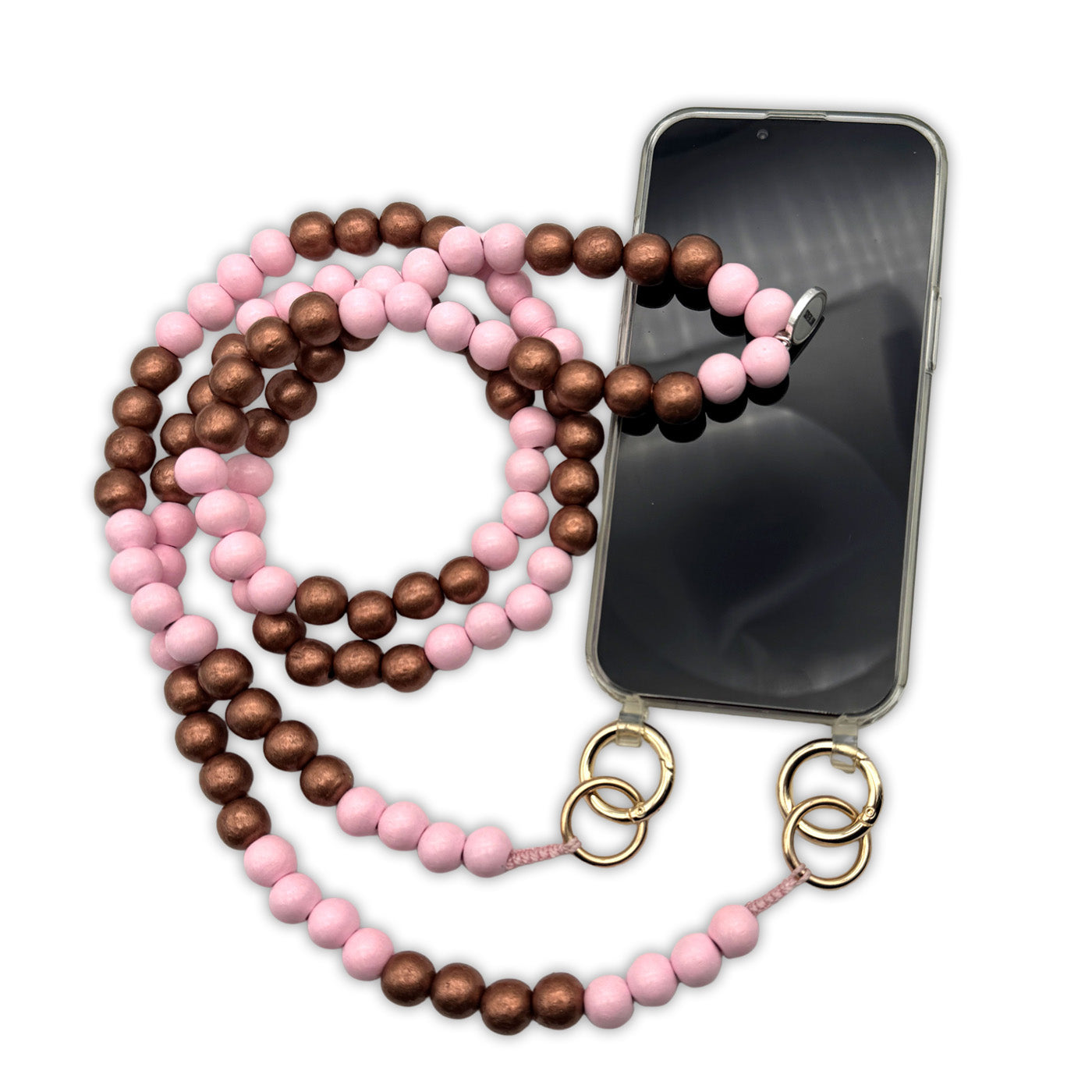 Escapulario Handykette Rosa-Kupfer mit roséfarbenen und kupfernen Perlen sowie Metallkarabinern als edles Smartphone-Accessoire.