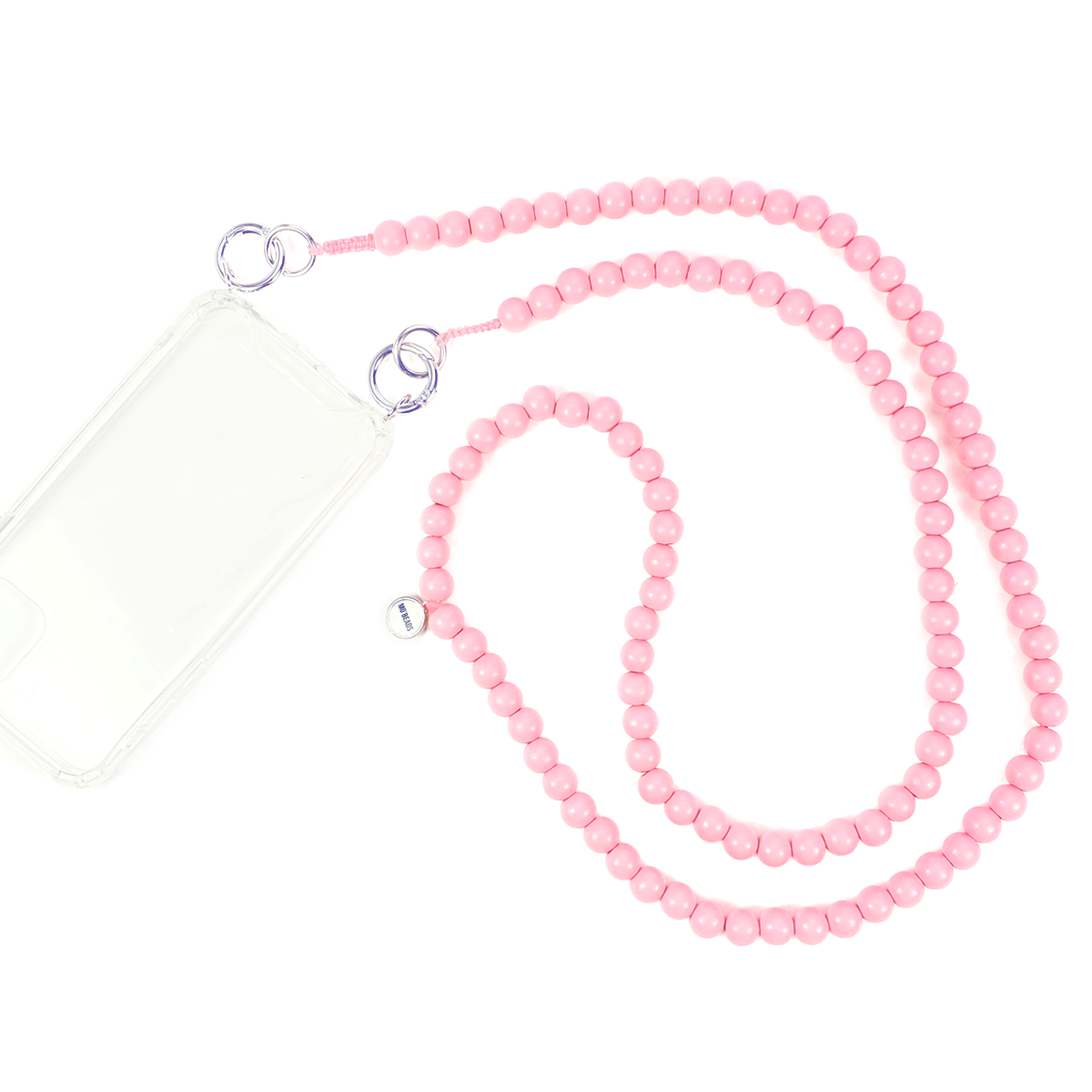 Escapulario Handykette Rosa Pastell mit pastellrosa Perlen und Metallkarabinern als romantisches Smartphone-Accessoire für Frauen.