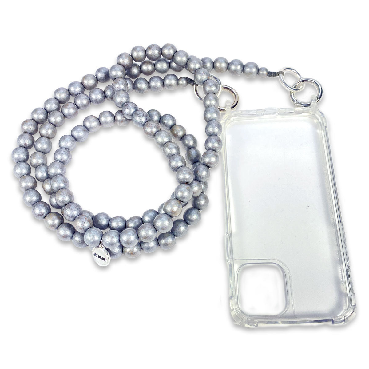 Escapulario Handykette in Silber mit glänzenden Perlen und Karabinern als edle Handy-Kette für dein Smartphone.