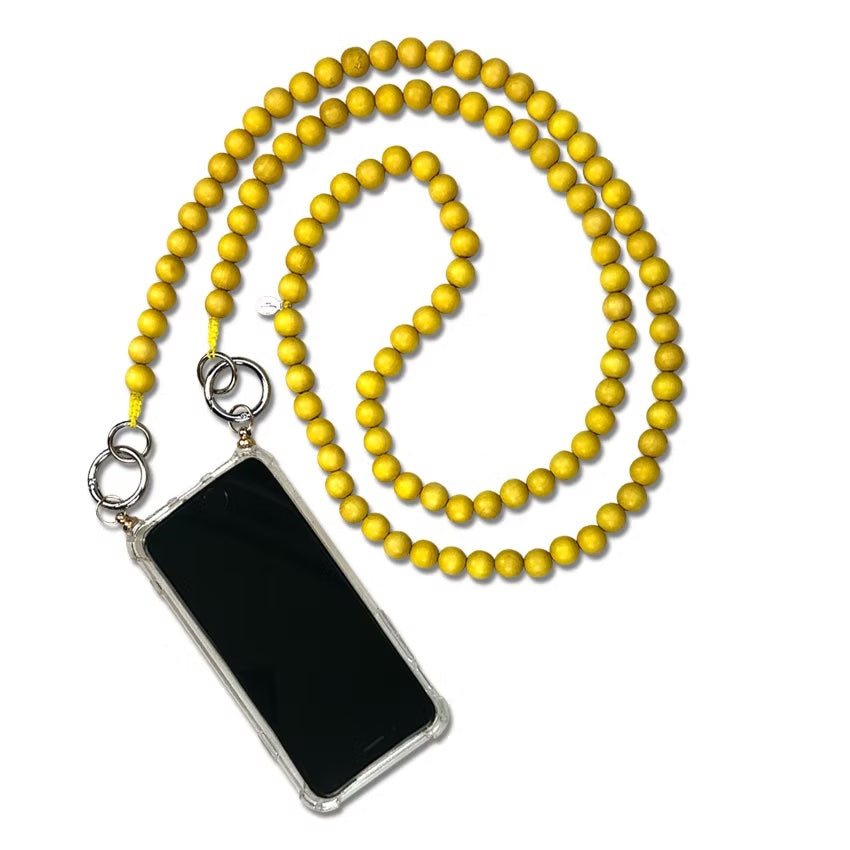 Escapulario Handykette Sun mit sonnig gelben Perlen und Metallkarabinern als strahlendes Sommer-Accessoire für dein Smartphone.