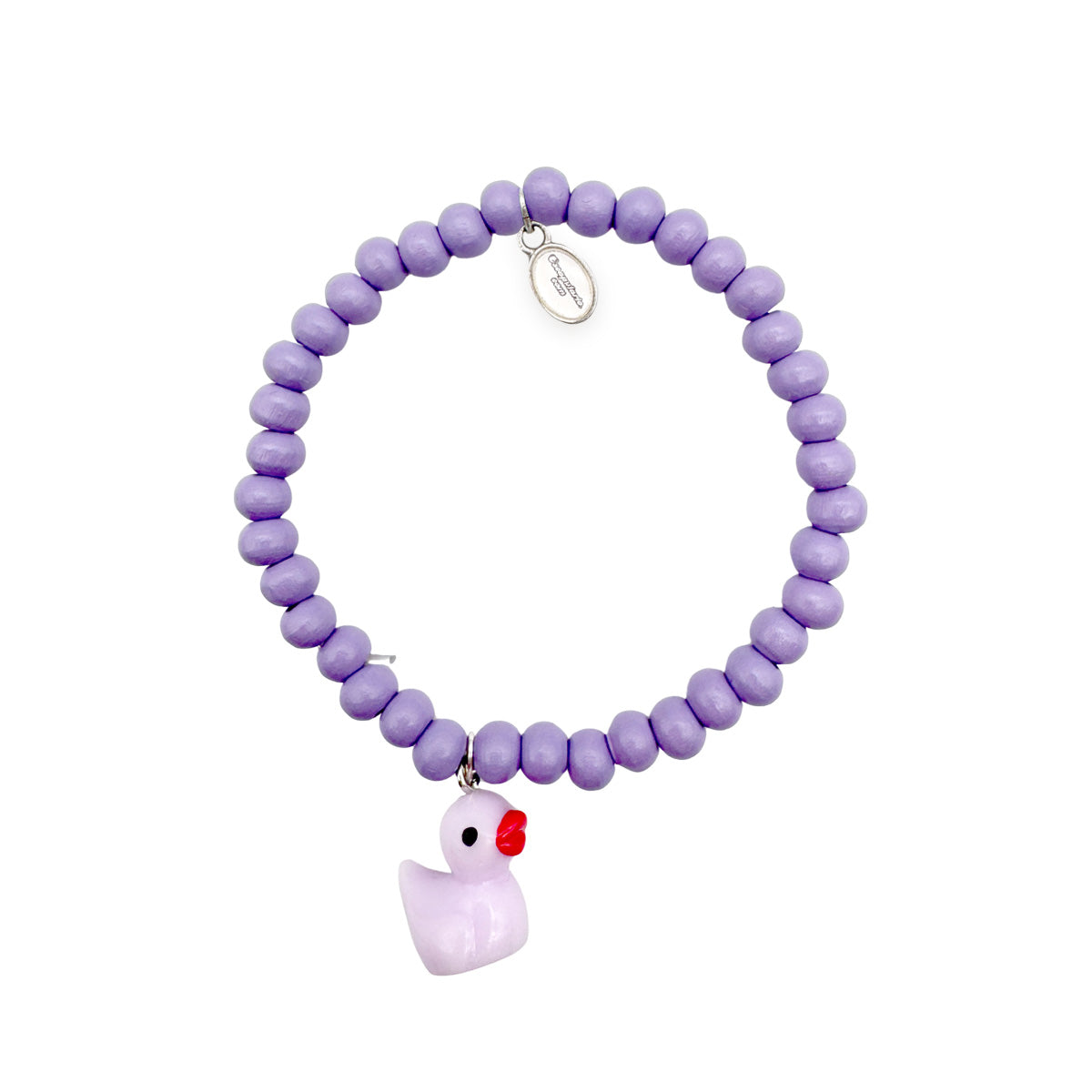 Escapulario Holzarmband in Flieder mit Entenanhänger aus Holz und zarten Perlen als verspieltes Armband für Damen.