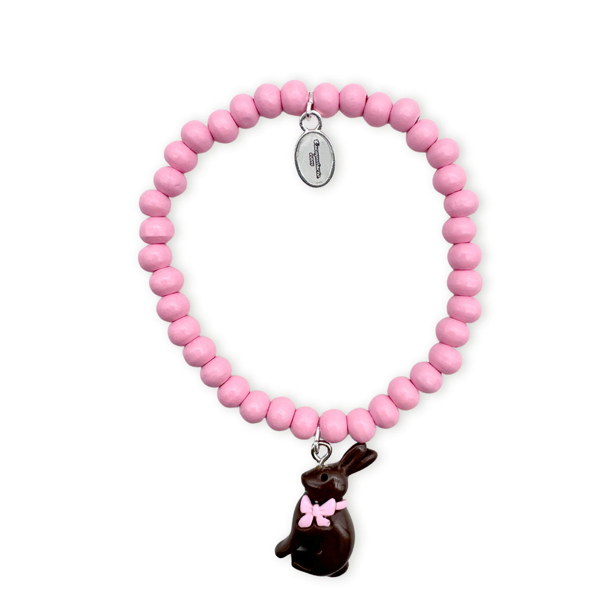 Escapulario Holzarmband in Rosa mit süßem Hasenanhänger aus Holzperlen als zartes Armband für Damen, die Pastellfarben lieben.
