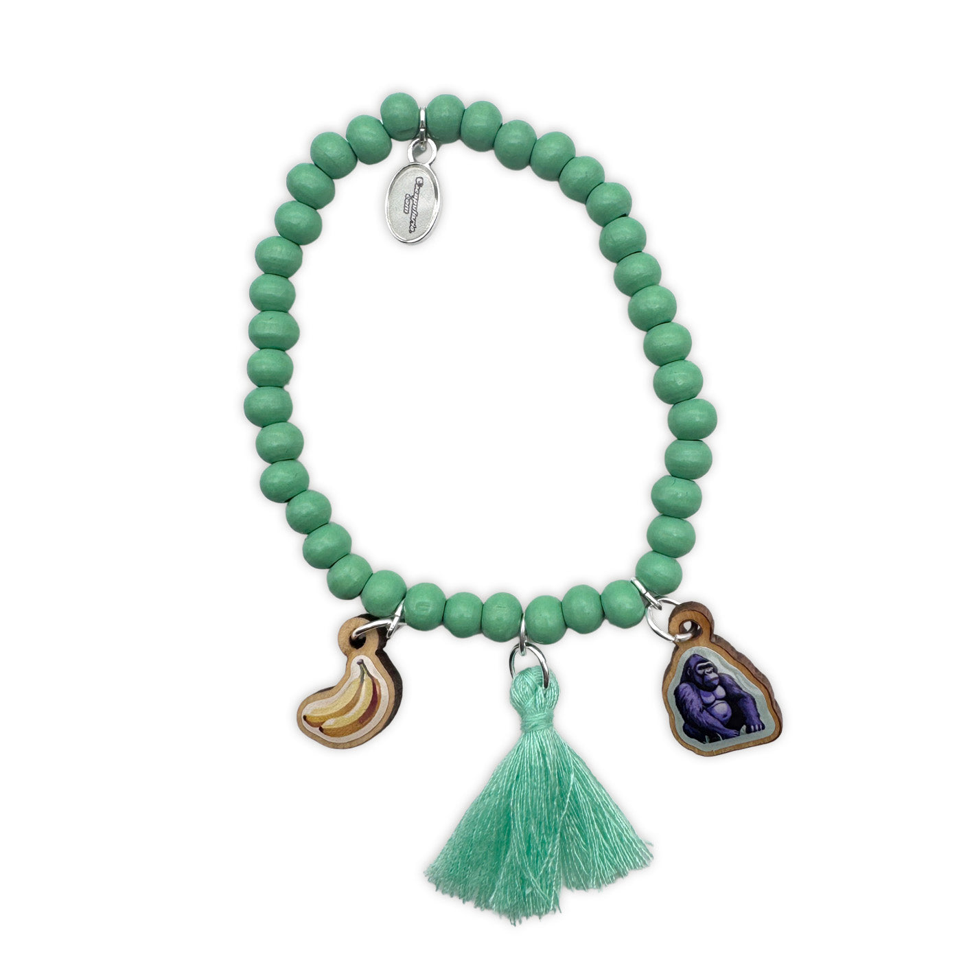 Escapulario Holzarmband in Mint mit Gorilla- und Bananen-Anhängern als witziges Tierarmband aus Holzperlen.