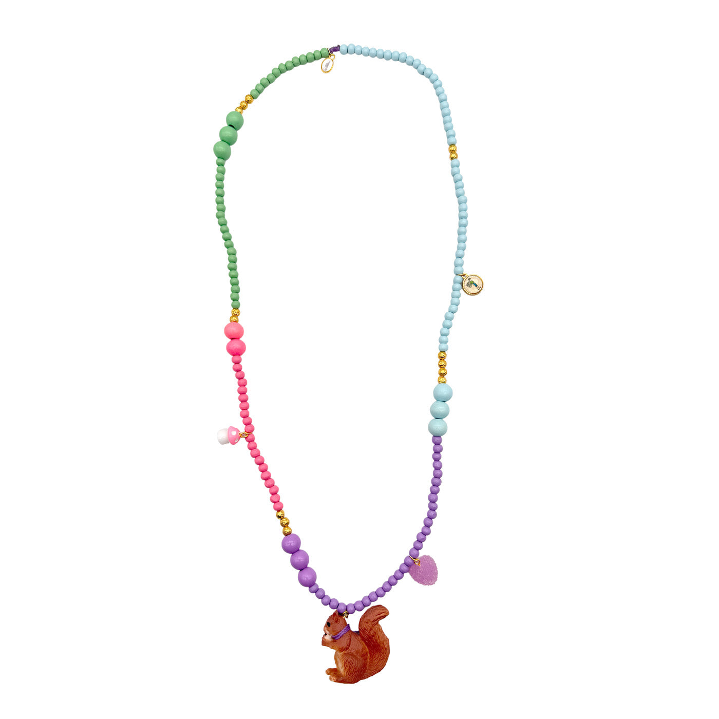 Escapulario Holzperlen Halskette Eichhörnchen in Pastellfarben mit Eichhörnchen-Motiv und feinen Holzperlen als verspielte Halskette für jeden Tag.