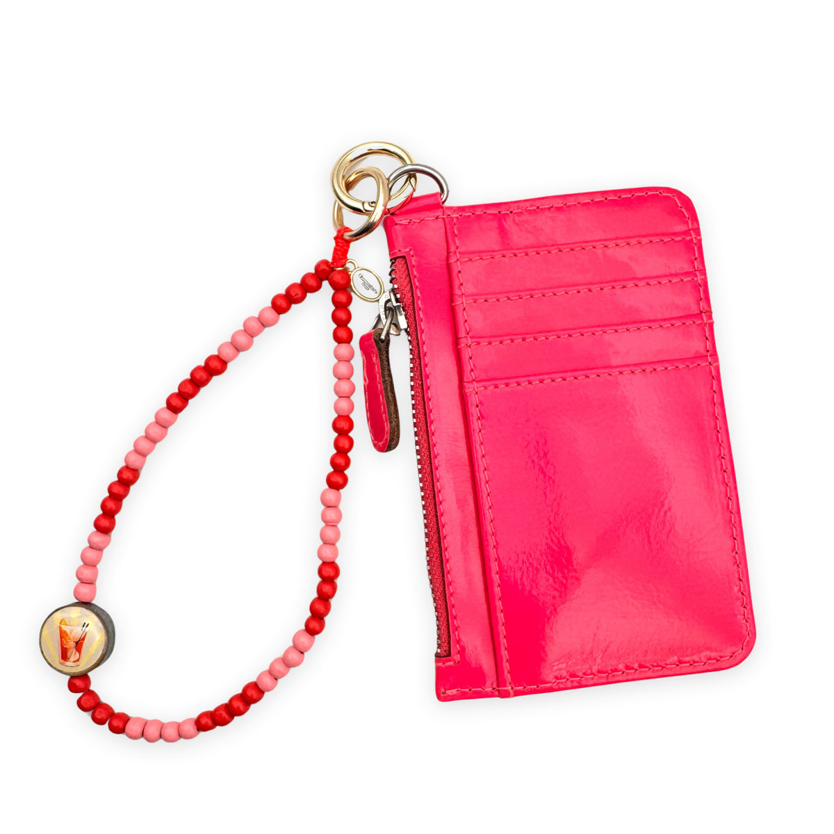 Escapulario kurze Handykette Apricot-Koralle mit warmen Perlenfarben, Pin aus Holz und Metallkarabinern als sommerliches Smartphone-Accessoire.