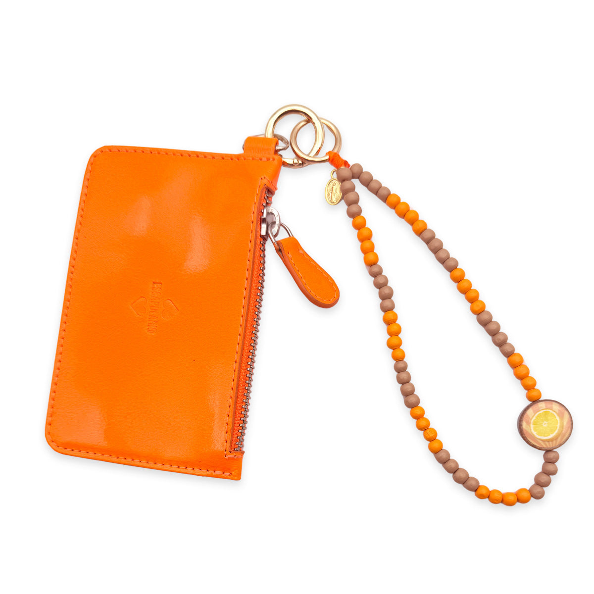 Escapulario kurze Handykette Orange-Cappuccino mit Perlen in Orange und Braun, Holzpin und Karabinern als stylisches Smartphone-Accessoire.