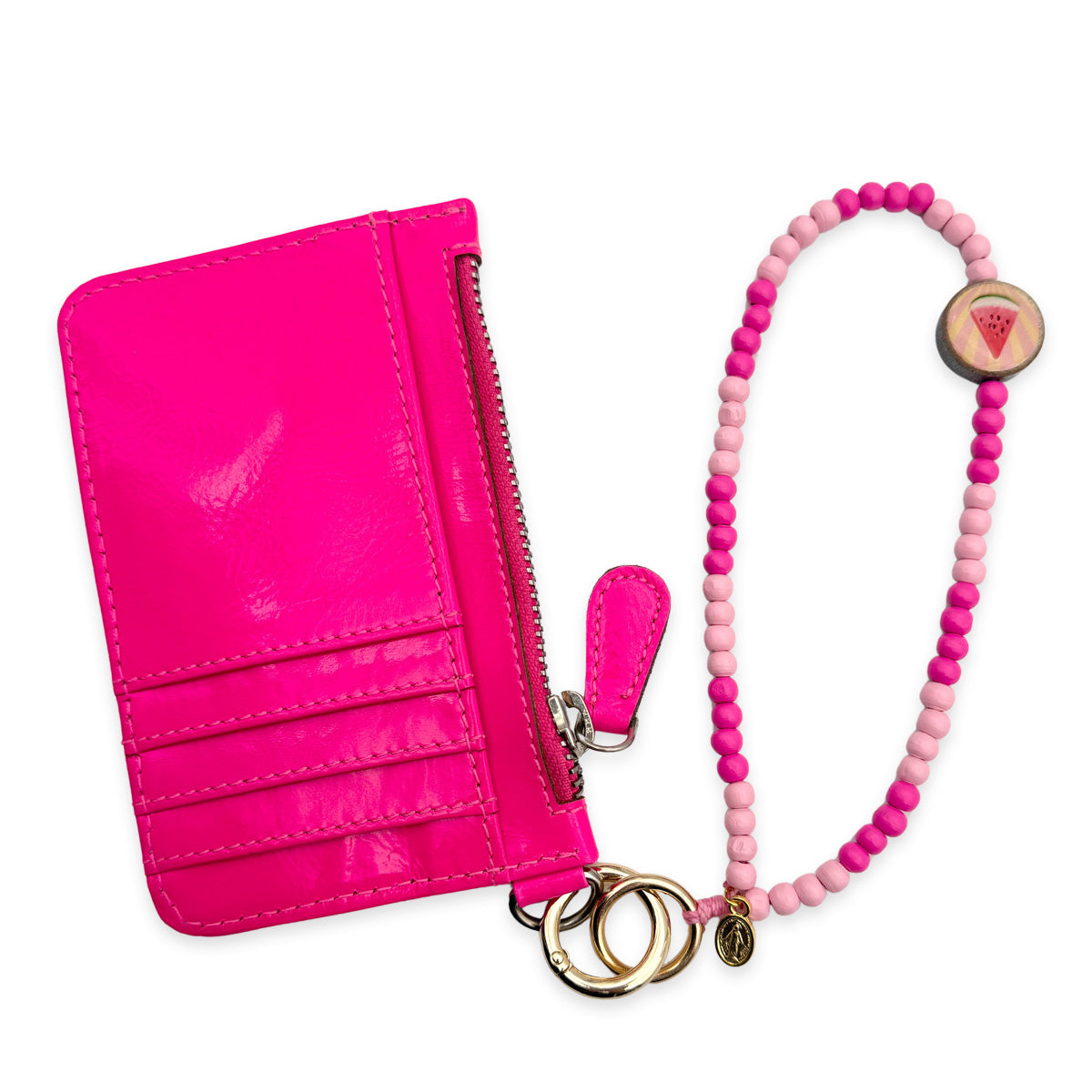 Escapulario kurze Handykette Rosa-Lipstick mit pinken Perlen, Holzpin und Karabiner als verspieltes Handyband für Damen.
