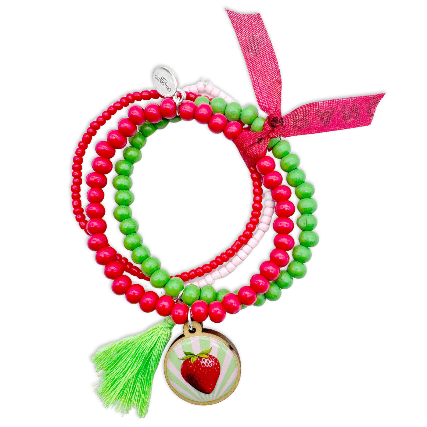 Escapulario Armbandset mit Erdbeerpin in frischen Rot- und Grüntönen – fruchtiger Armschmuck für Frauen, der Farbe in deinen Look bringt.