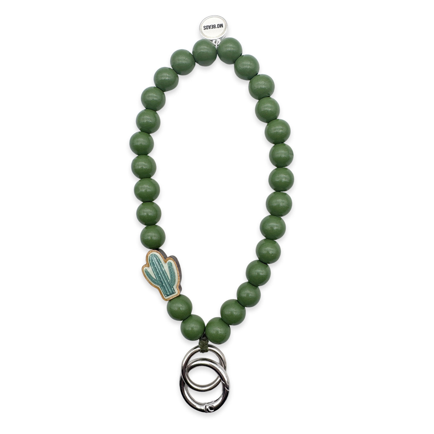 Escapulario Schlüsselkette in Bambusgrün mit Kaktus-Pin aus Holz und Karabiner, ein lässiges Keychain-Accessoire für Frauen mit Wüsten-Vibes.