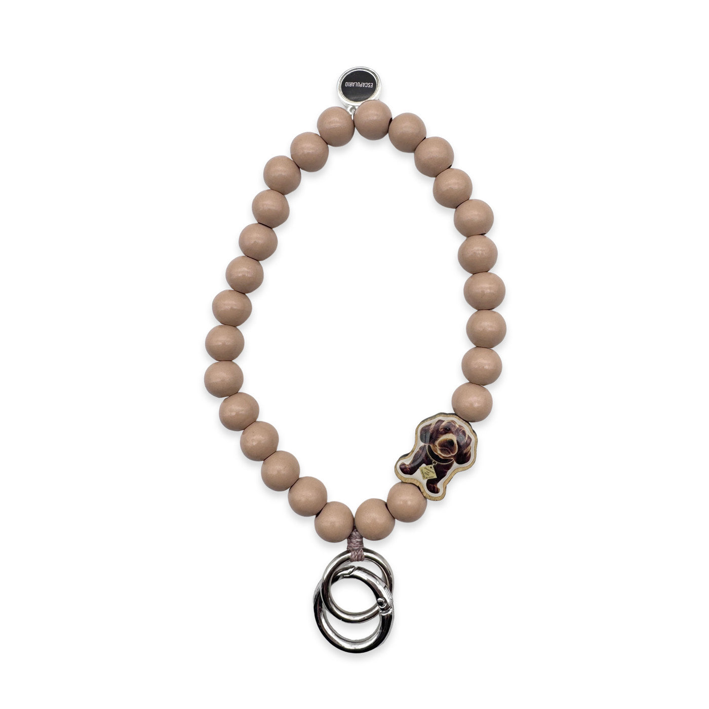 Escapulario Schlüsselkette in Beige mit Dackel-Holzpin aus Holzperlen als liebevolles Hunde-Accessoire für Frauen.