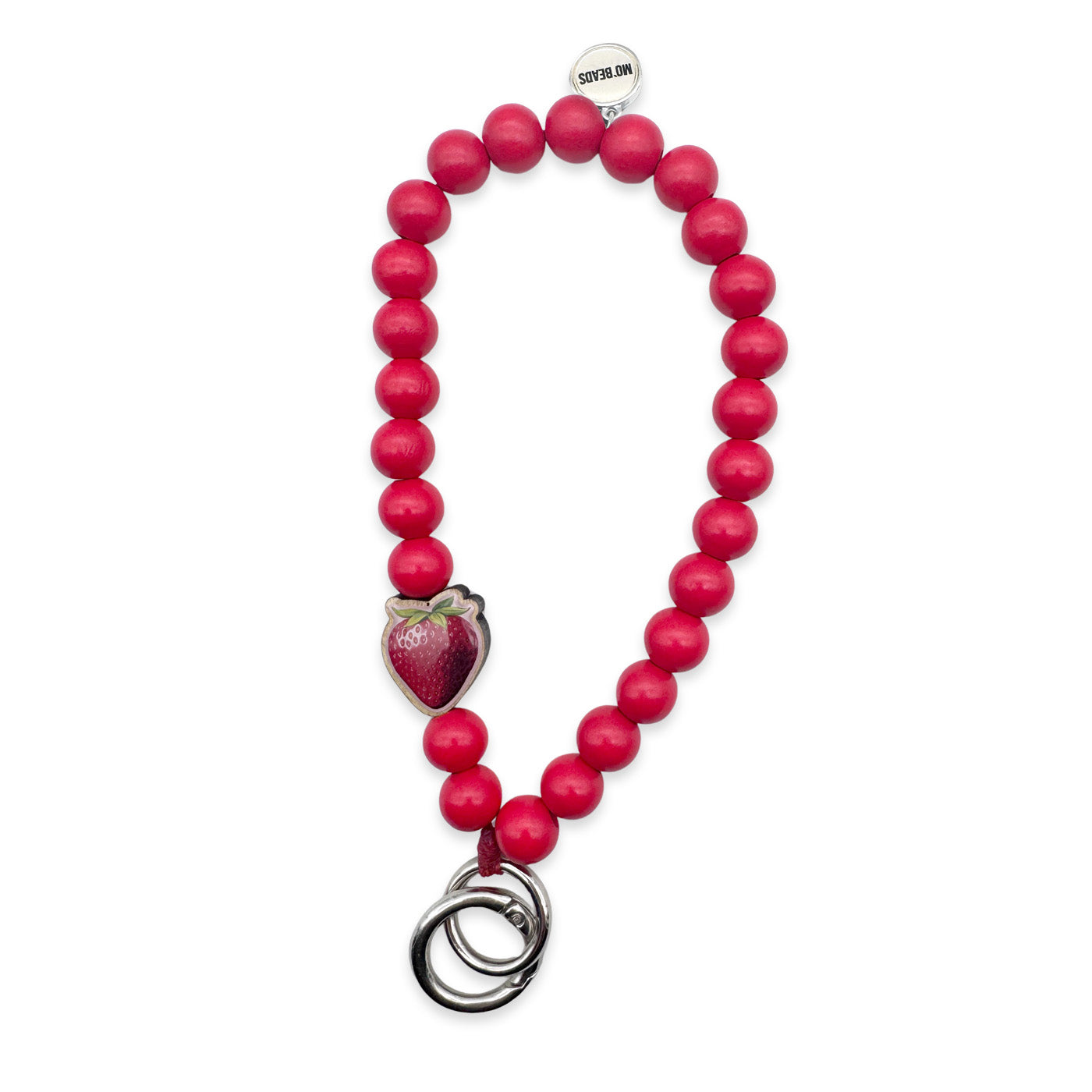 Escapulario Schlüsselkette in Koralle mit Erdbeer-Pin aus Holz, bunten Holzperlen und Karabiner als fruchtiges Sommer-Accessoire für Frauen.