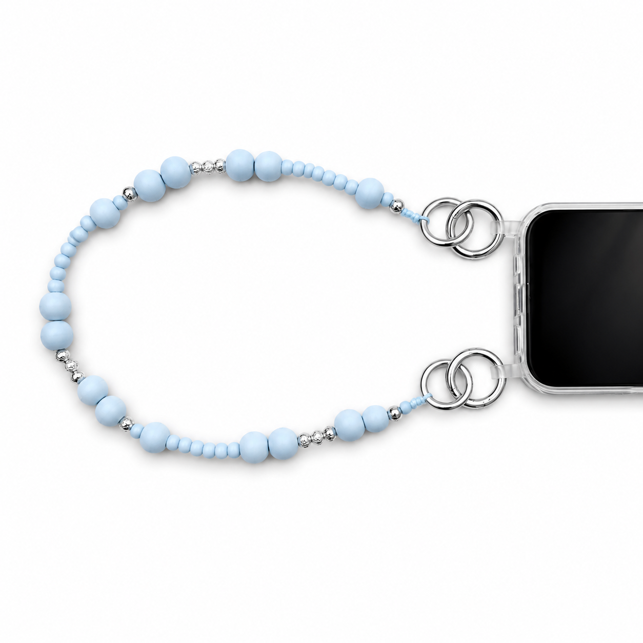 Kurze Handykette aus Holzperlen in Skyblue/Silber