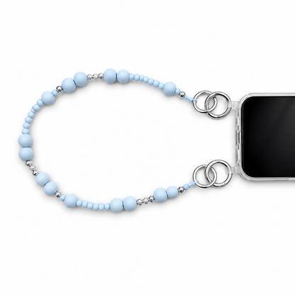 Kurze Handykette aus Holzperlen in Skyblue/Silber