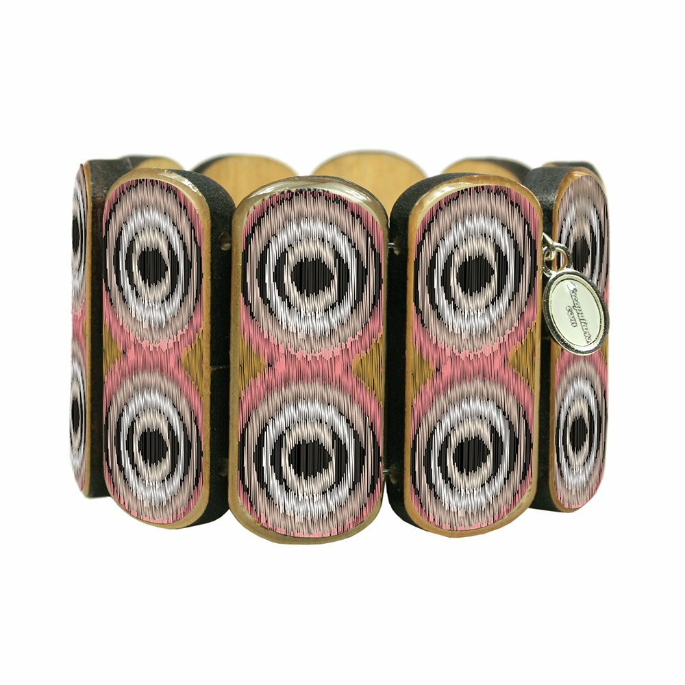 Statement wooden bracelet Ikat circle pattern motif pink