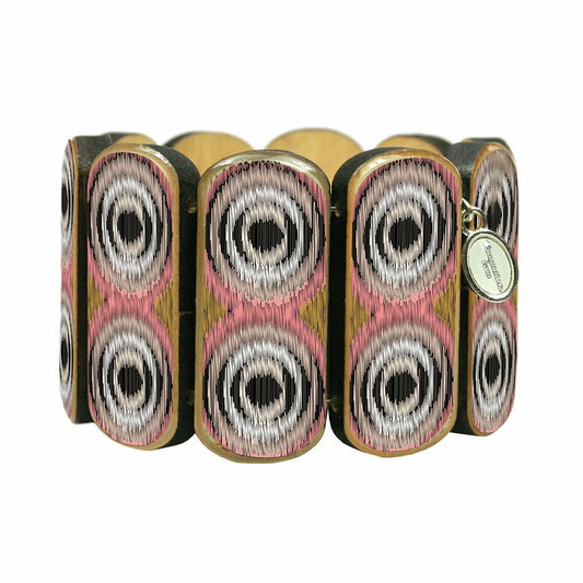 Statement wooden bracelet Ikat circle pattern motif pink