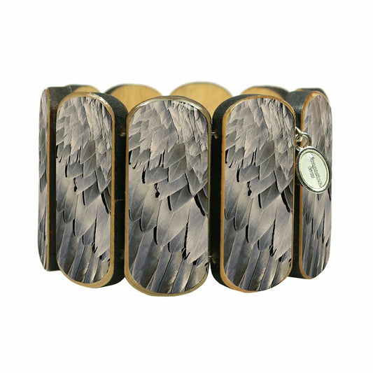 Statement wooden bracelet feather motif grey