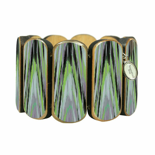 Statement wooden bracelet wide ikat pattern green