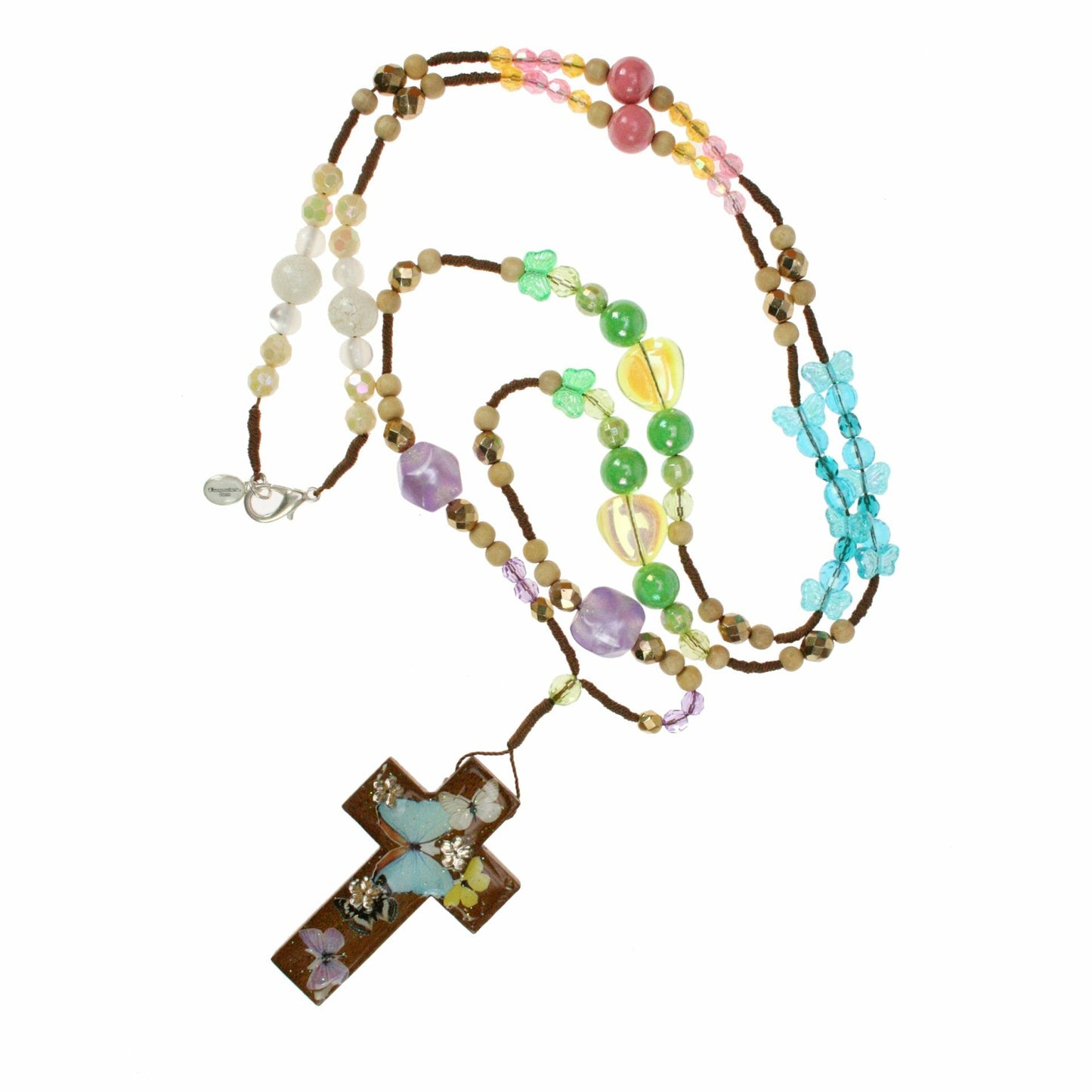 Chapelet chaîne colorée avec croix en bois marron "Papillons"