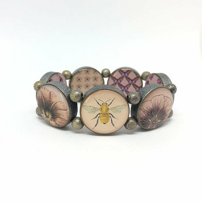 Wooden Bracelet Brown with Bee Motifs in Pink