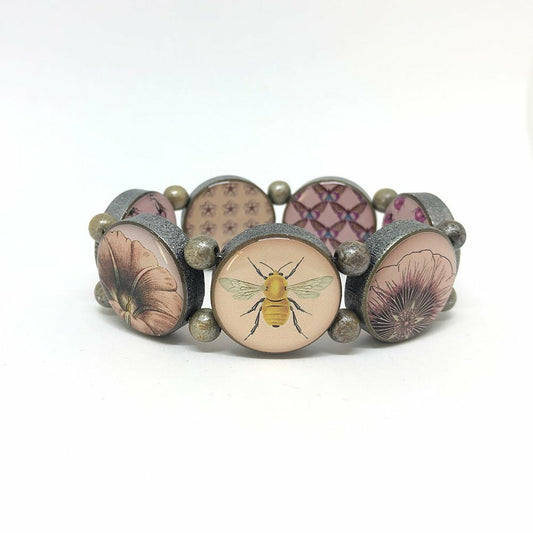 Wooden Bracelet Brown with Bee Motifs in Pink