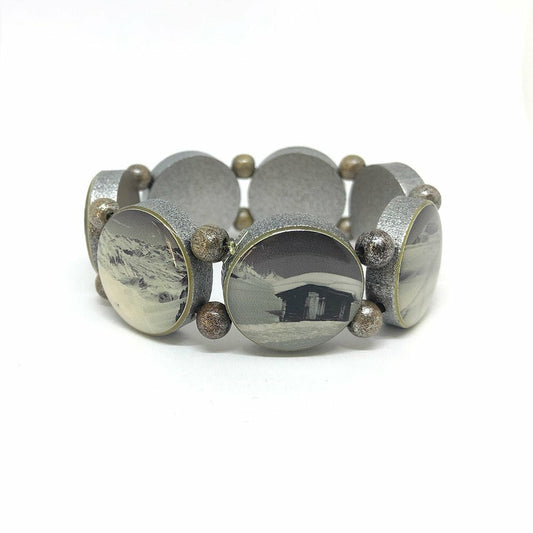 Wooden bracelet brown with silver pigments and winter motifs