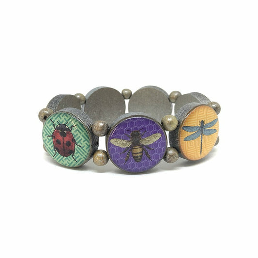 Wooden bracelet brown with silver pigments and insect motifs "
