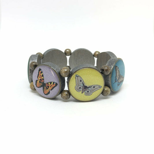 Wooden bracelet brown with silver pigments and butterfly motifs