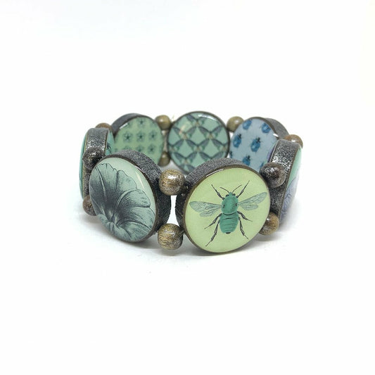 Wooden Bracelet Brown with Bee Motifs in Blue