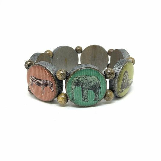 Wooden bracelet brown with silver pigments and safari motifs
