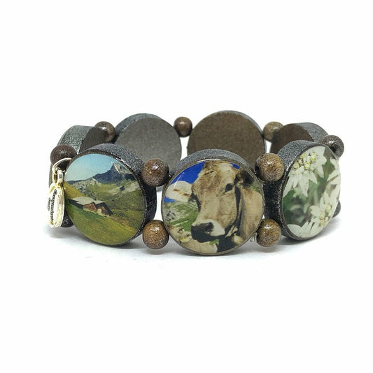 Wooden bracelet brown with silver pigments and alpine motifs