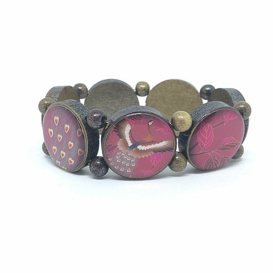 Wooden bracelet brown with silver pigments and bird motifs