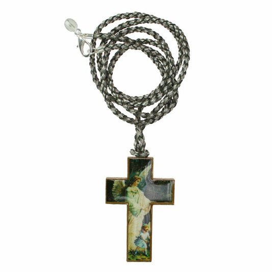 Collier en cuir avec croix en bois "Ange" Gris