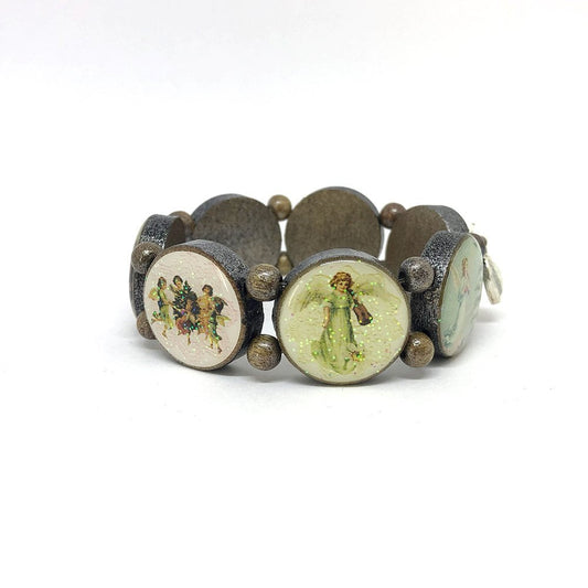 Wooden bracelet brown with silver pigments and Christmas angels